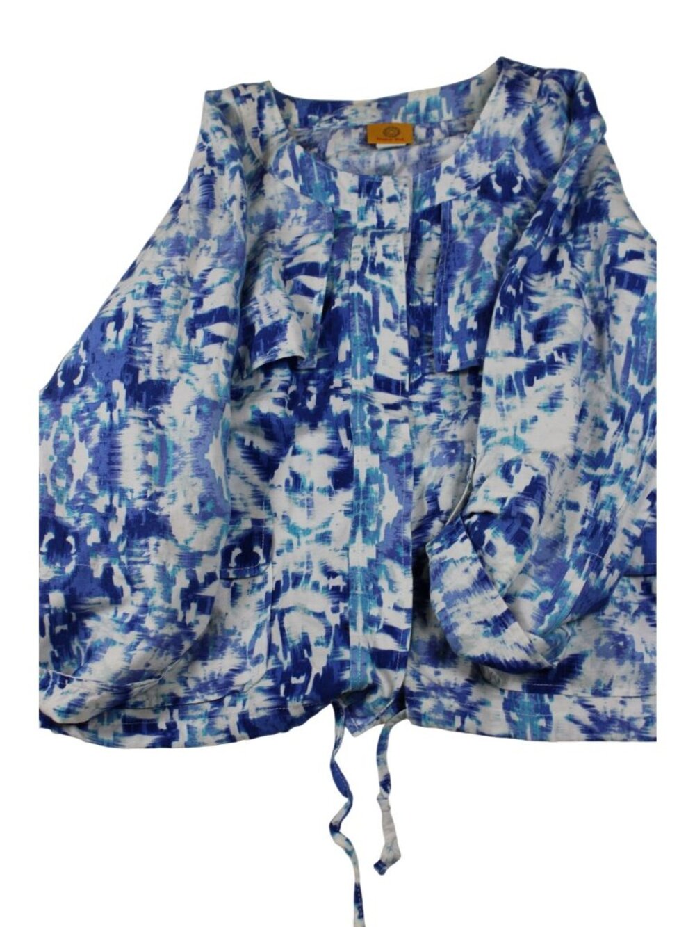 Ruby Rd. Womens Blue & White Abstract Print Linen Blend Drawstring Blouse Size 1